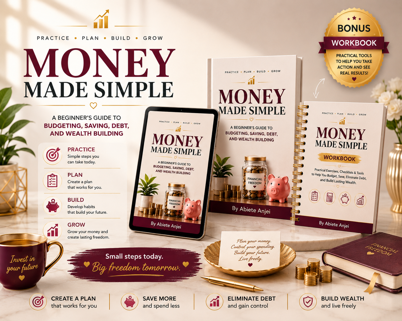 Money Made Simple guide, tablet edition and workbook on a desk